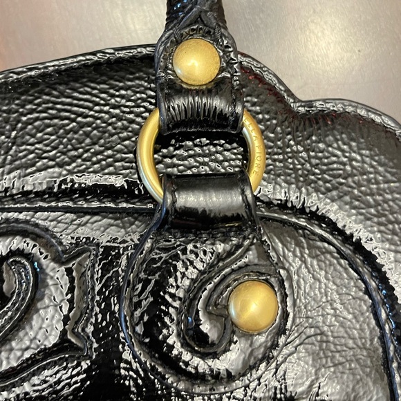 Isabella Fiore Tapestry Style Pattern Fabric & Black Patent Leather hand bag. - Picture 6 of 9